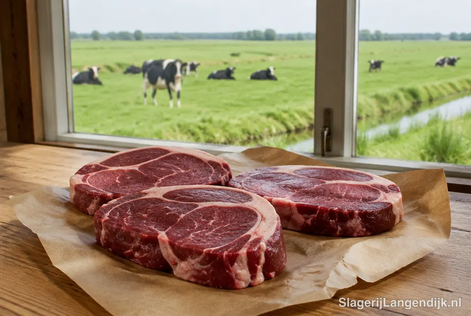 Biologische biefstukken met koeien in de wei op de achtergrond