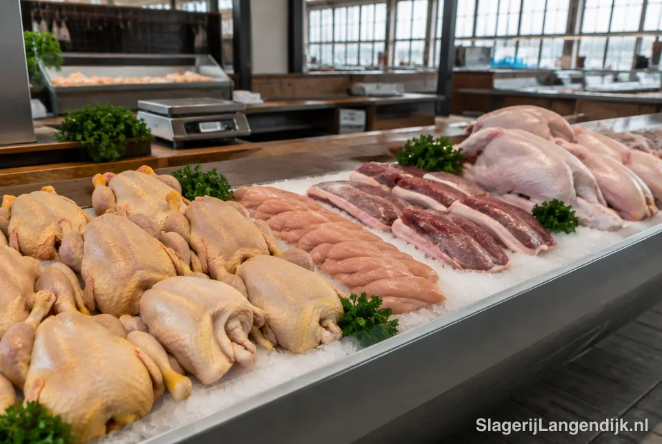 Toonbank met hele kippen, kipfilet en eendenborst